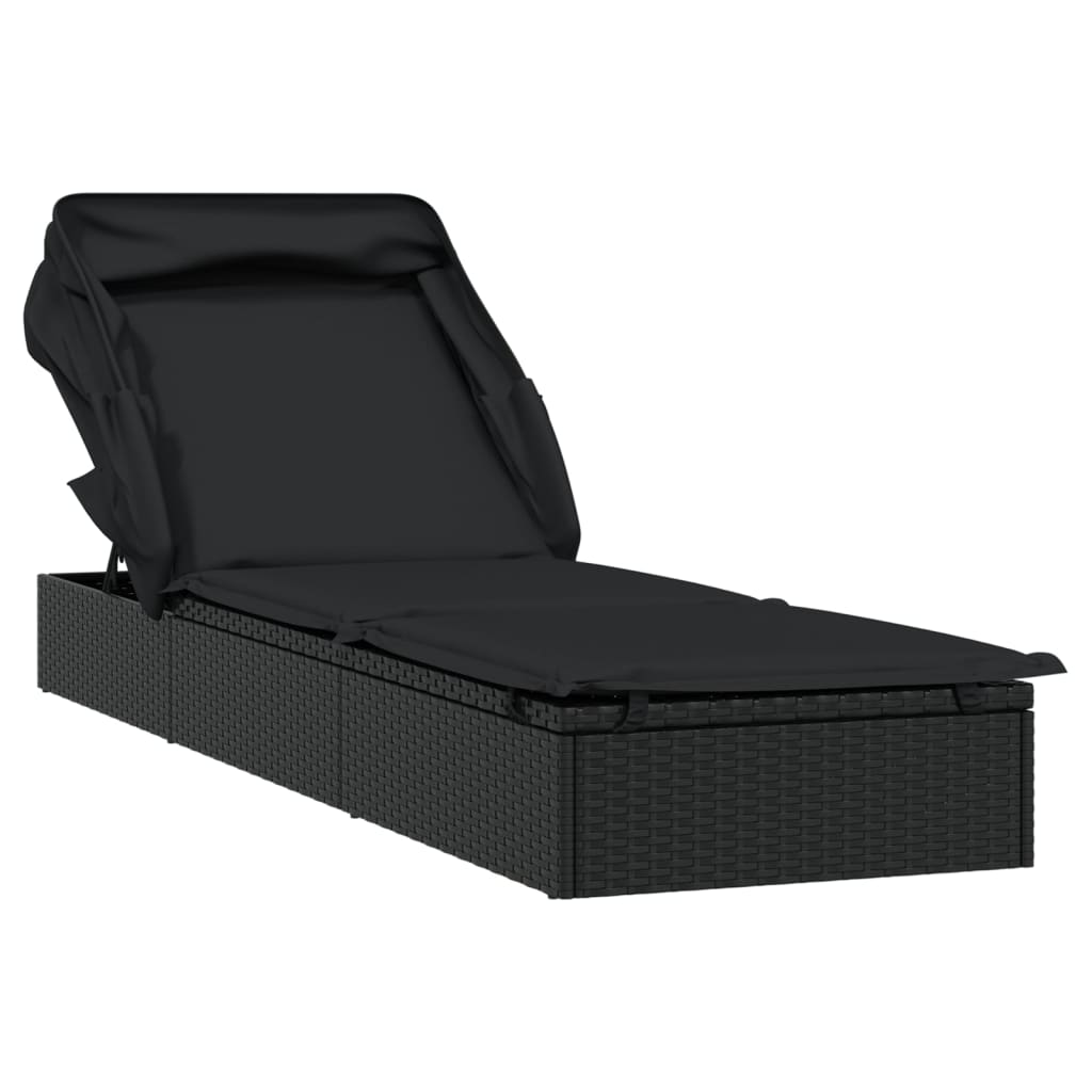 Ligbed met inklapbaar dak 213x63x97 cm poly rattan zwart