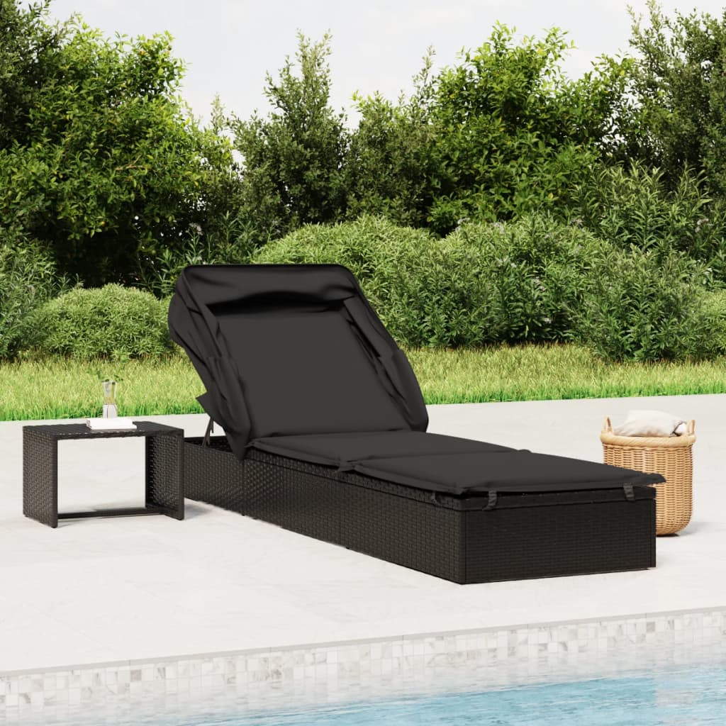 Ligbed met inklapbaar dak 213x63x97 cm poly rattan zwart