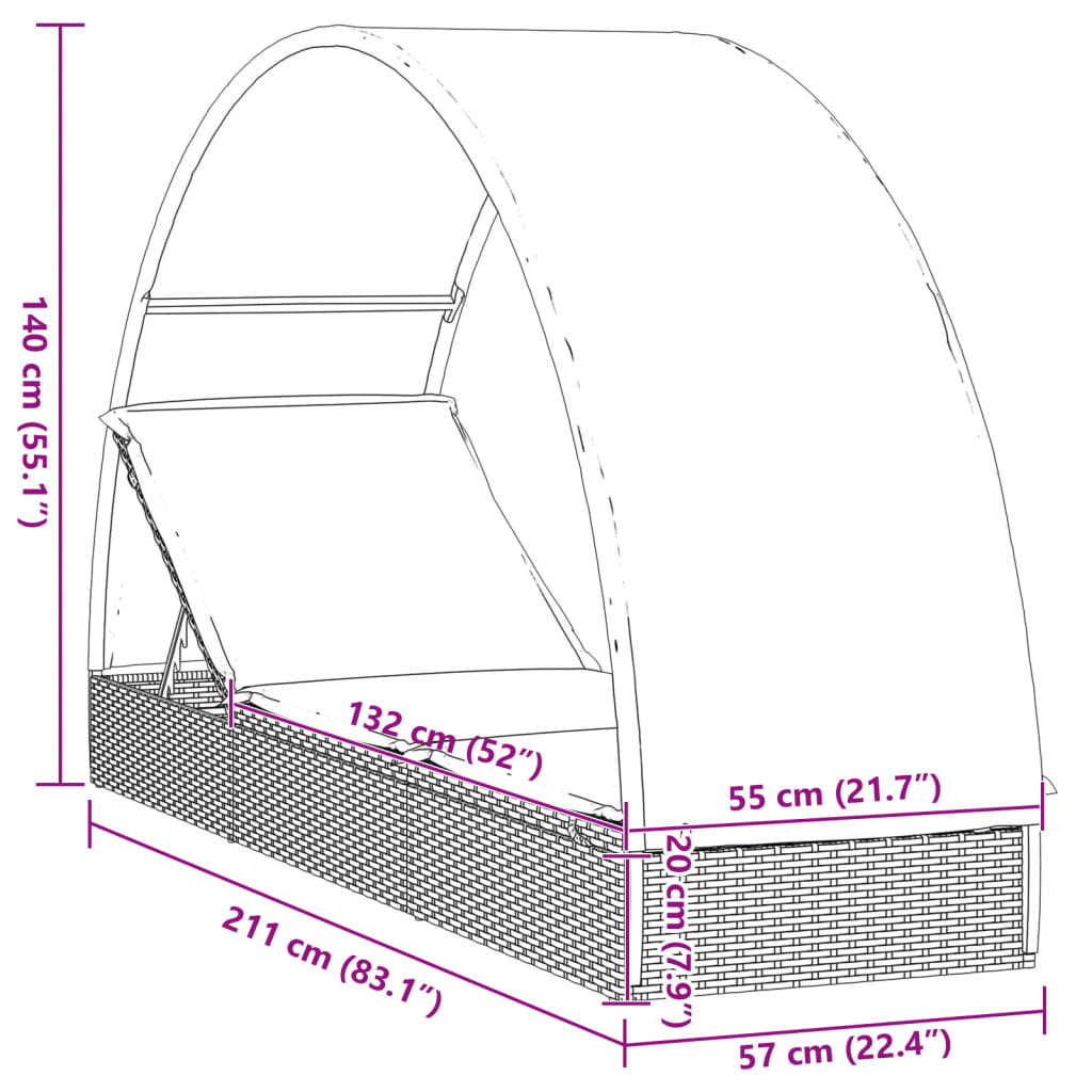 Ligbed met rond dak 211x57x140 cm poly rattan zwart
