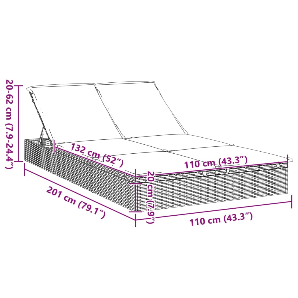 Ligbed met kussens 2-persoons poly rattan grijs