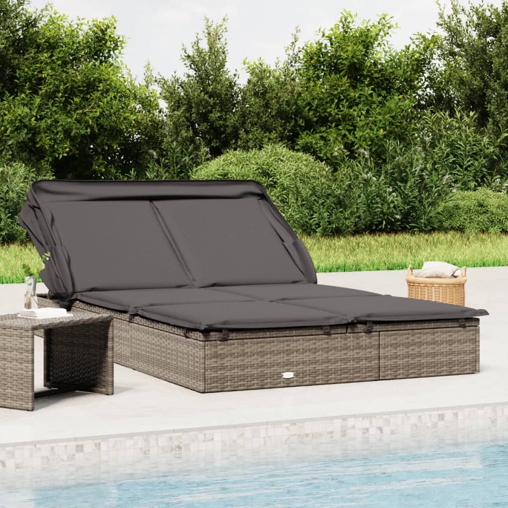 Ligbed 2-persoons met dak 213x118x97 cm poly rattan grijs