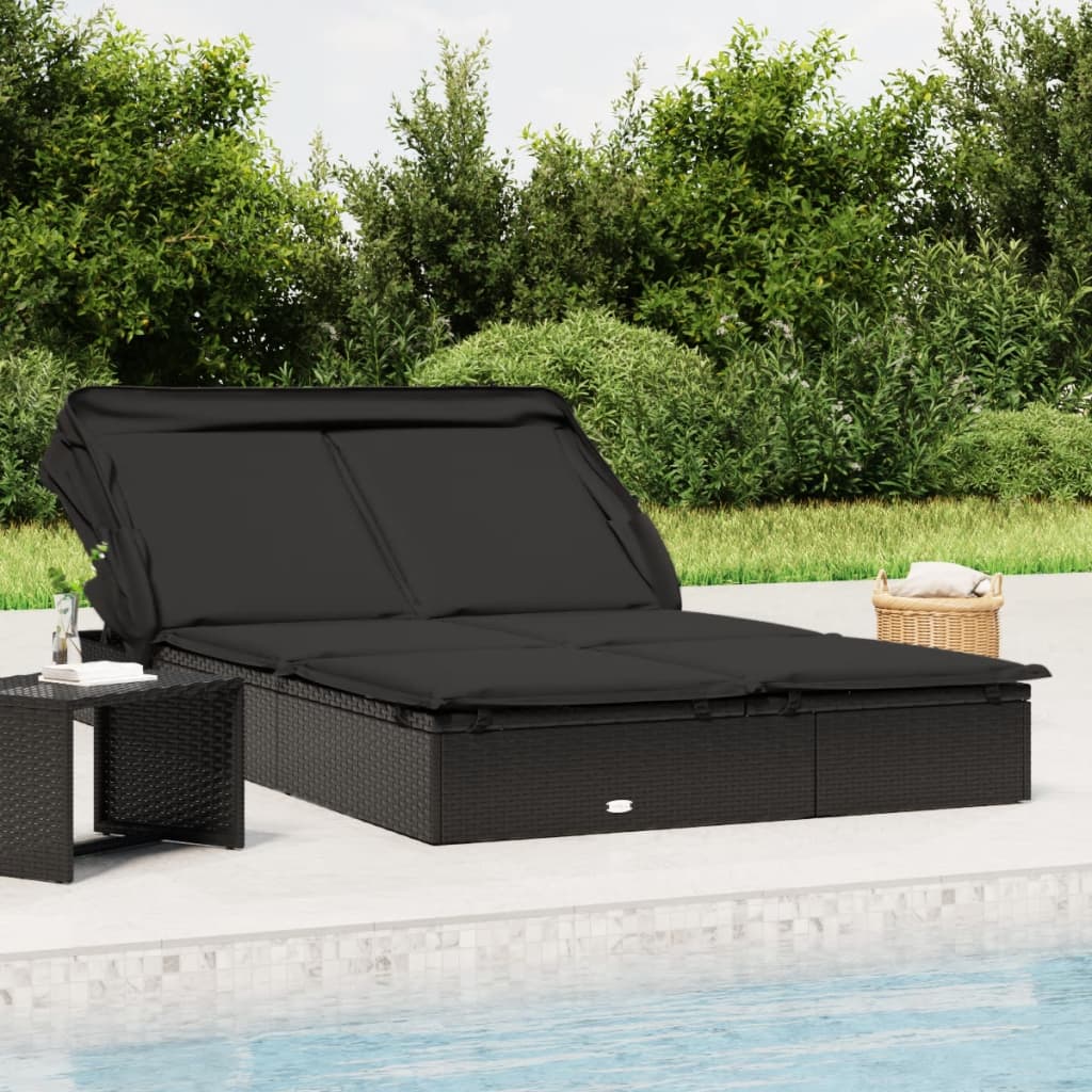 Ligbed 2-persoons met dak 213x118x97 cm poly rattan zwart