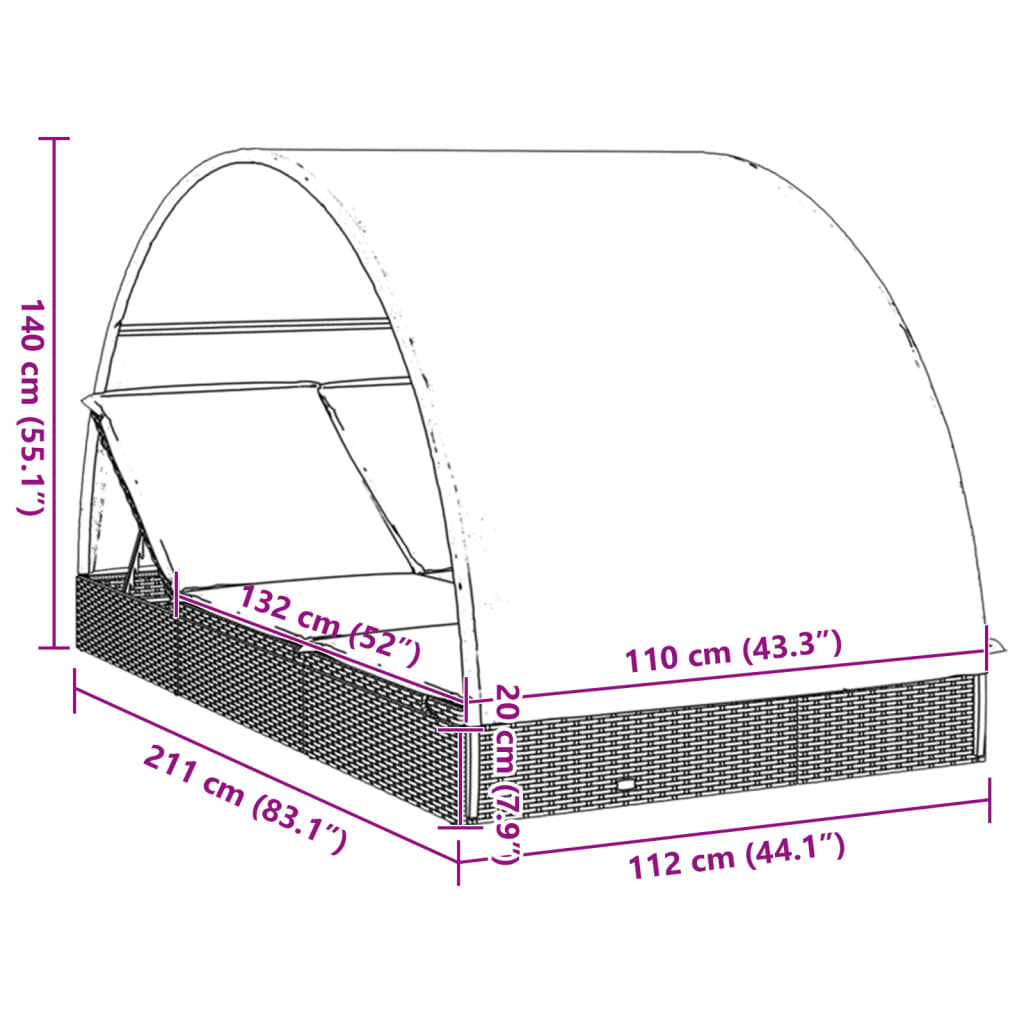Ligbed 2-persoons met rond dak 211x112x140 cm poly rattan bruin