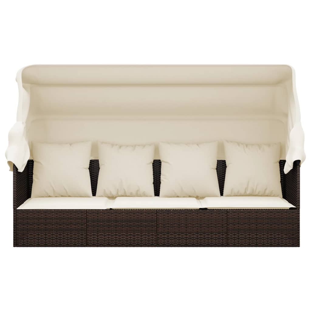 Loungebed met luifel en kussens poly rattan bruin