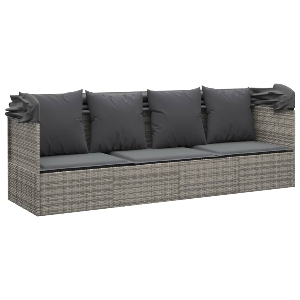 Loungebed met luifel en kussens poly rattan grijs