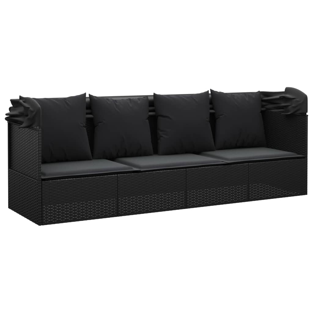 Loungebed met luifel en kussens poly rattan zwart