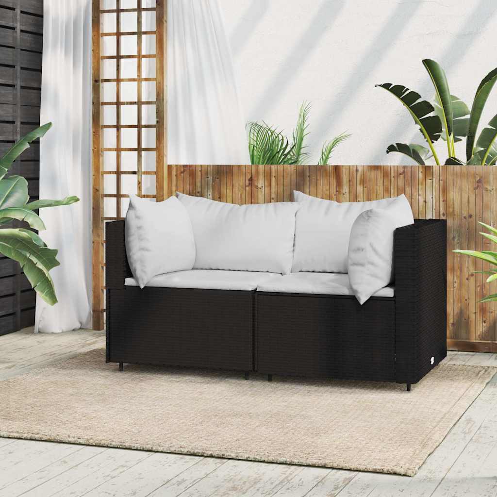 Tuinhoekbank met kussens poly rattan zwart