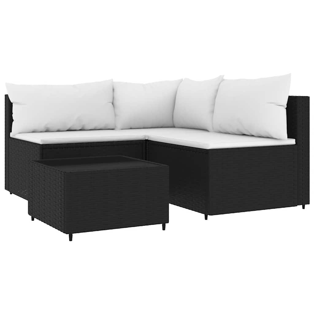 4-delige Loungeset met kussens poly rattan zwart