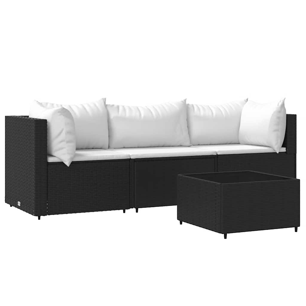 4-delige Loungeset met kussens poly rattan zwart