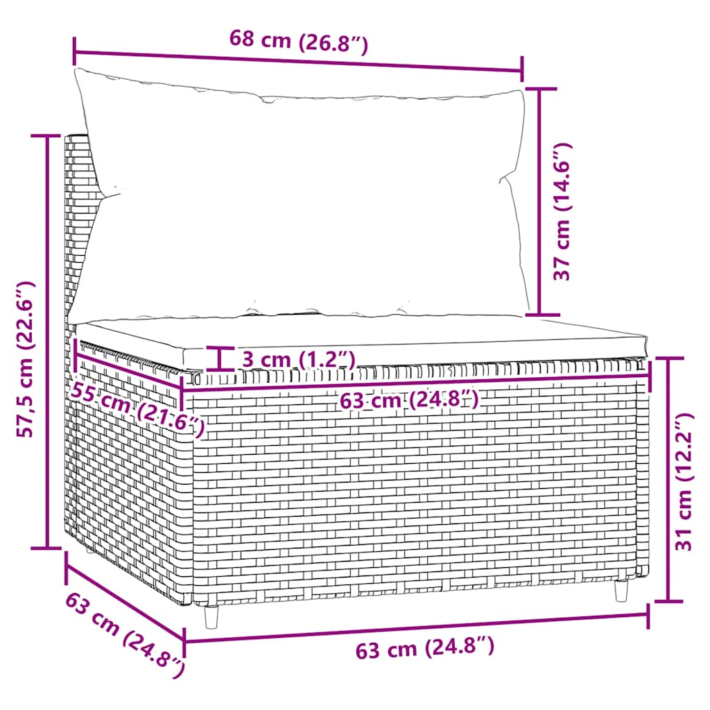 Tuinmiddenbank met kussens poly rattan zwart