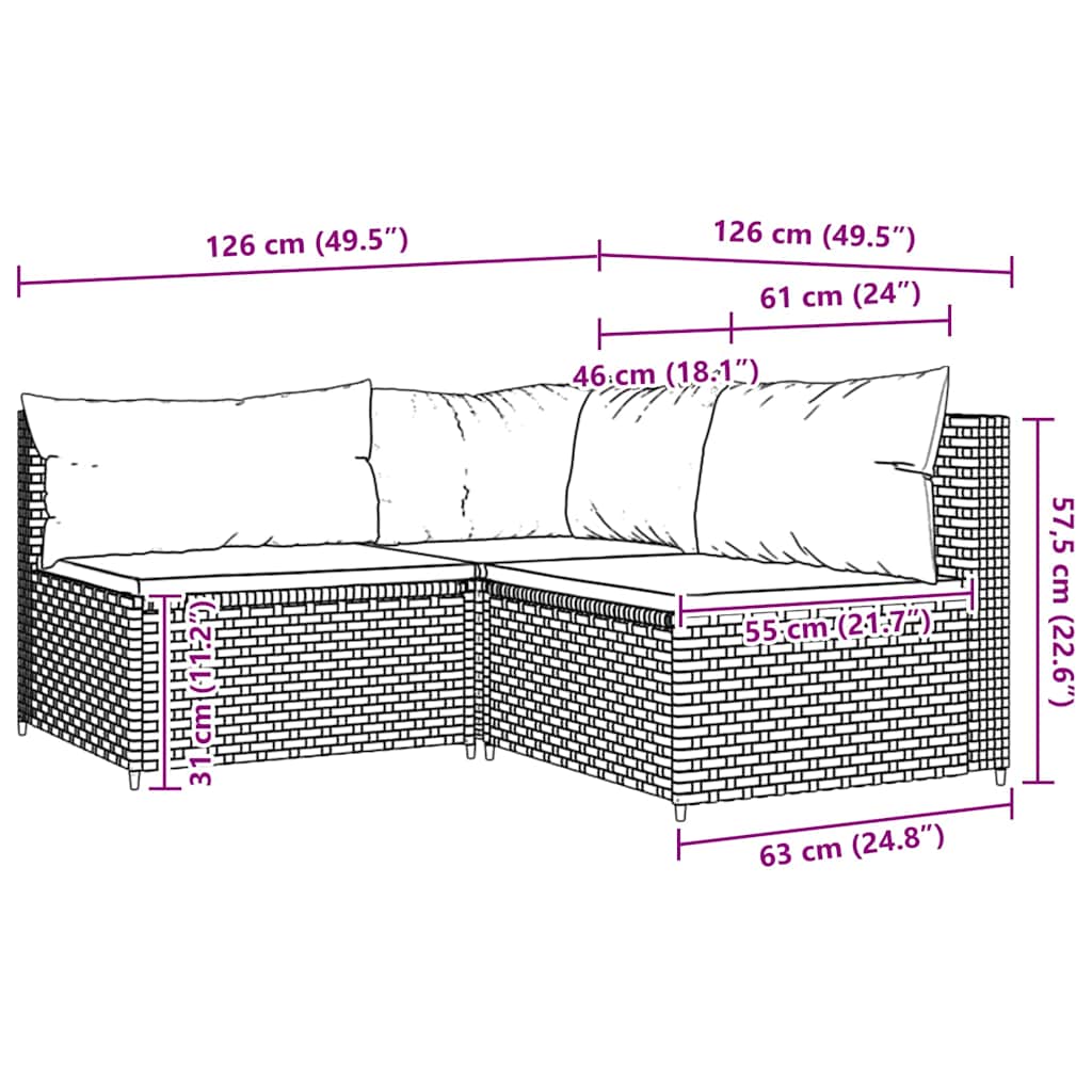 3-delige Loungeset met kussens poly rattan bruin