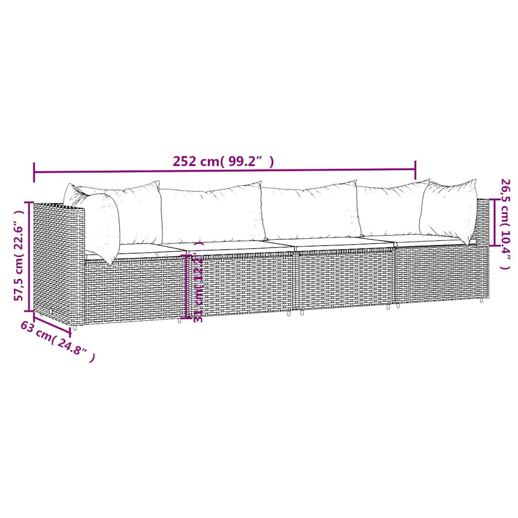 4-delige Loungeset met kussens poly rattan bruin