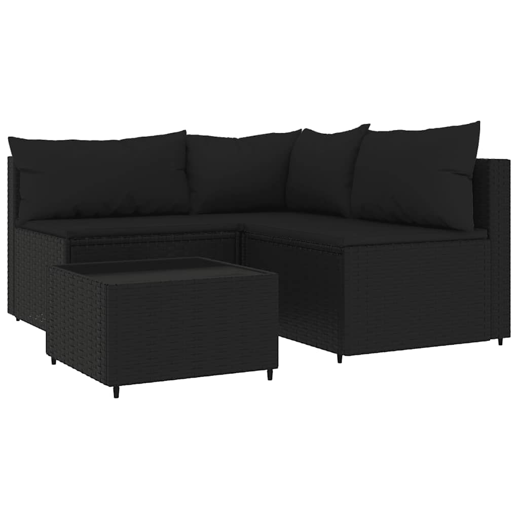 4-delige Loungeset met kussens poly rattan zwart
