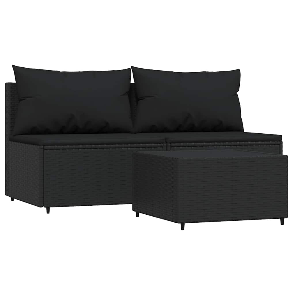 3-delige Loungeset met kussens poly rattan zwart