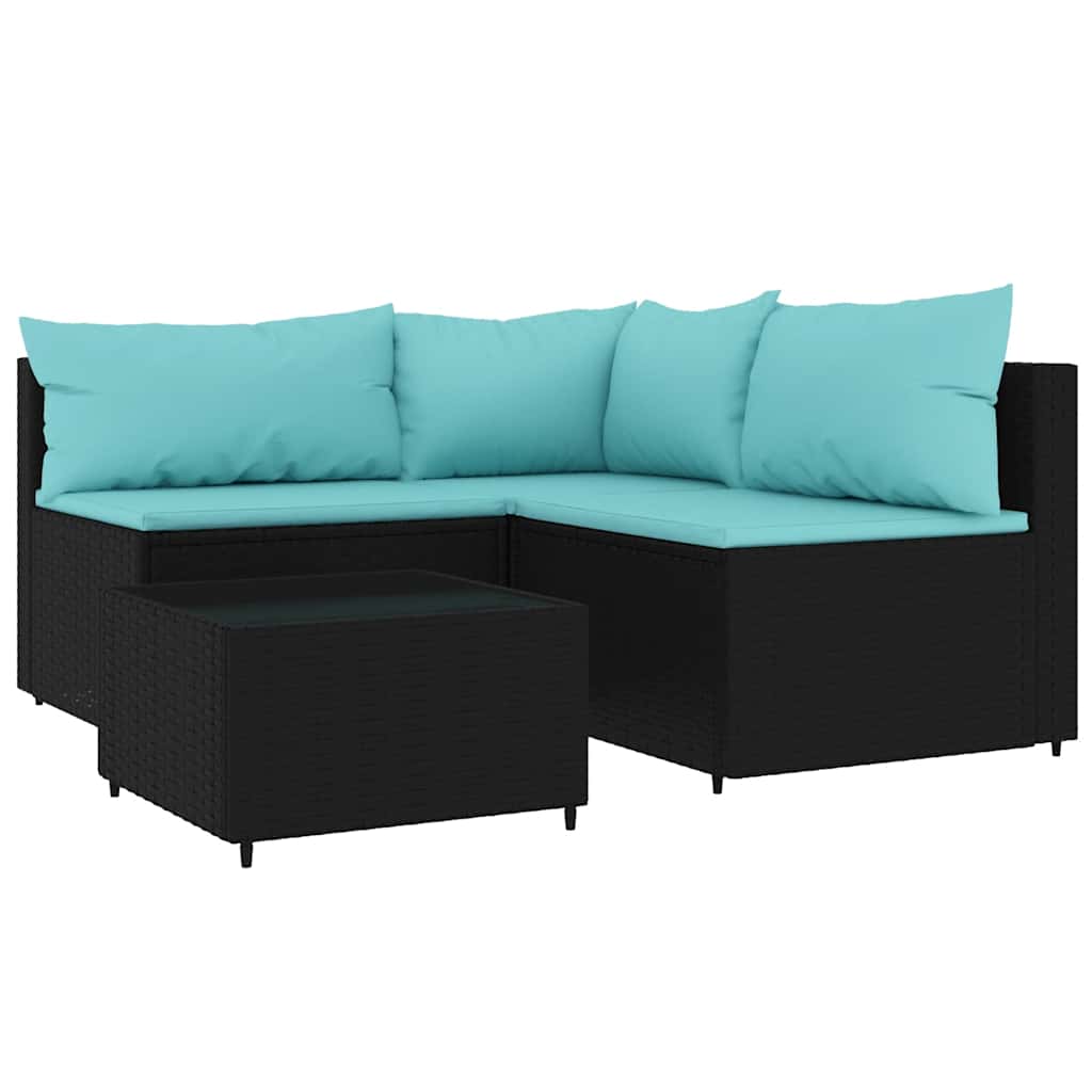 4-delige Loungeset met kussens poly rattan zwart