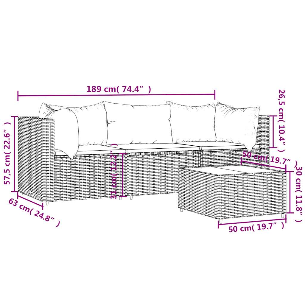 4-delige Loungeset met kussens poly rattan zwart