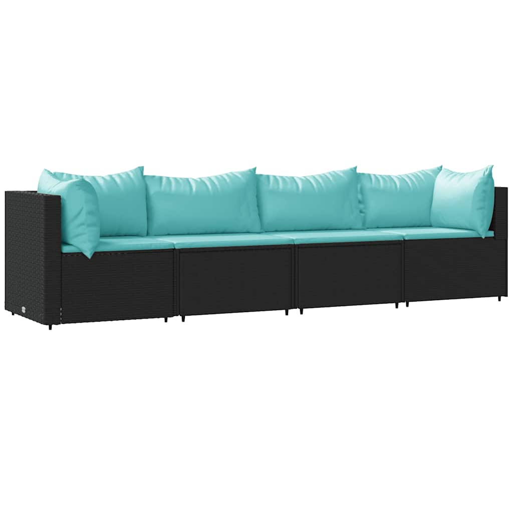 4-delige Loungeset met kussens poly rattan zwart