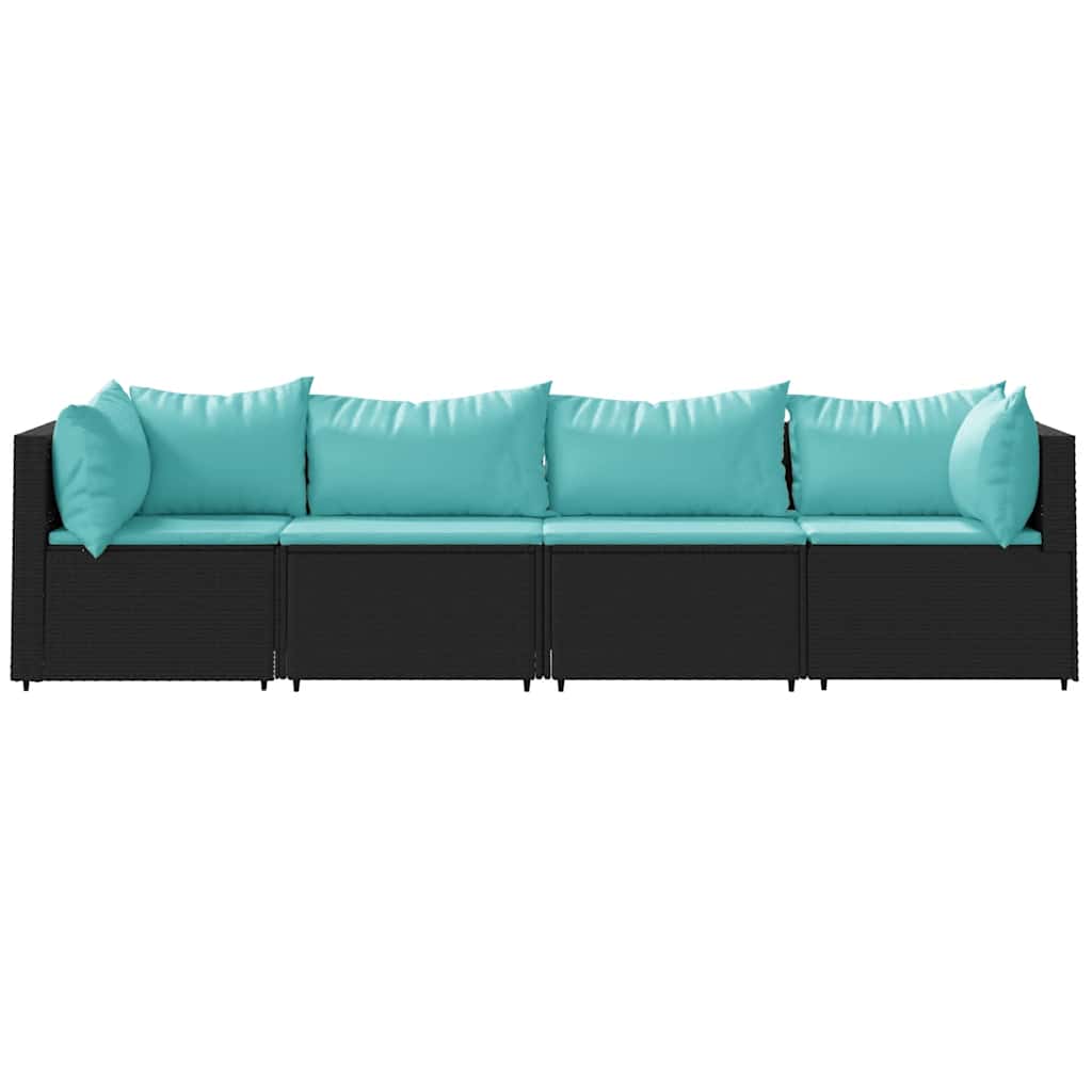 4-delige Loungeset met kussens poly rattan zwart
