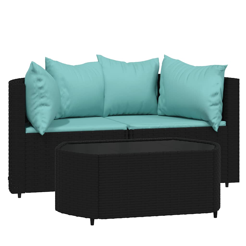 3-delige Loungeset met kussens poly rattan zwart