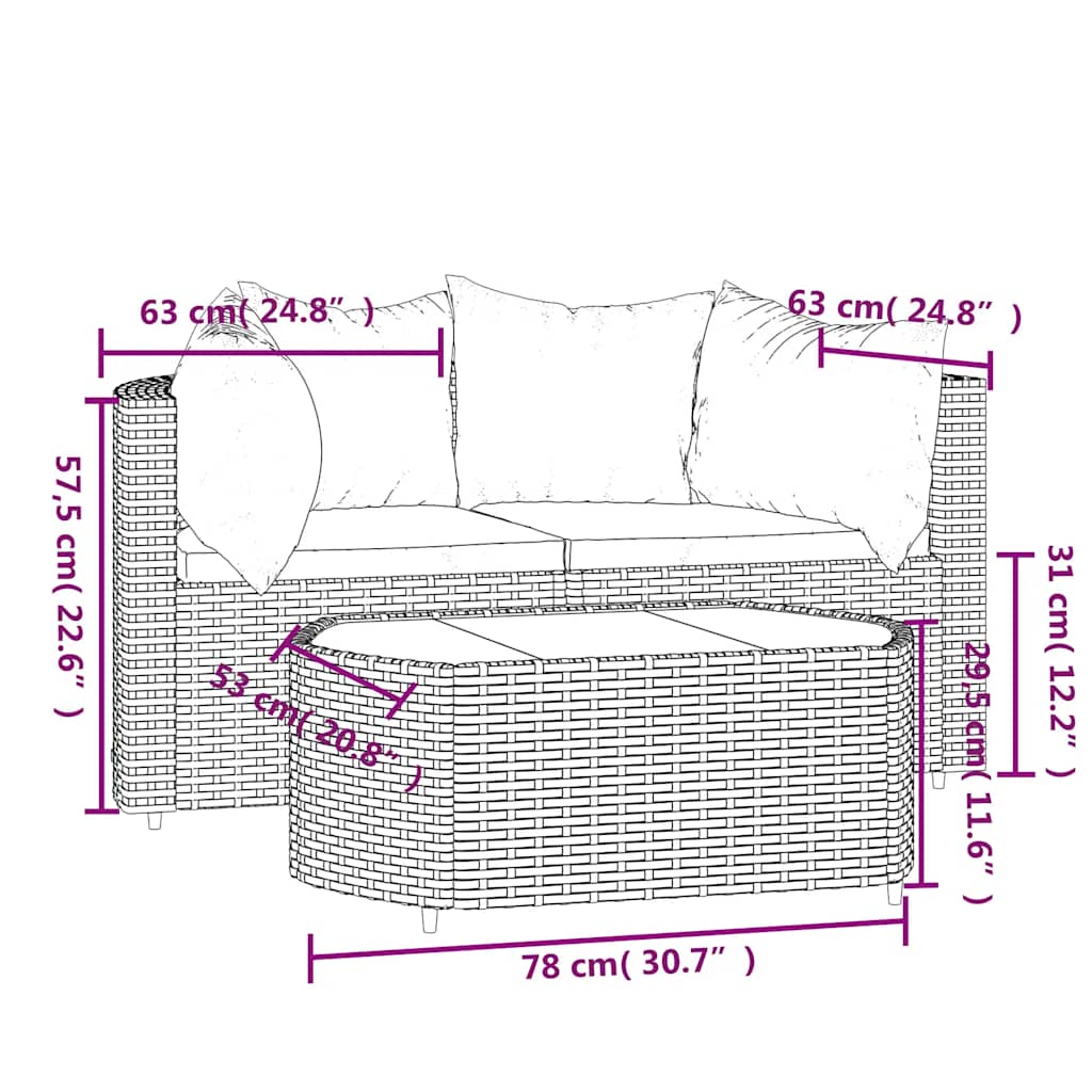 3-delige Loungeset met kussens poly rattan zwart