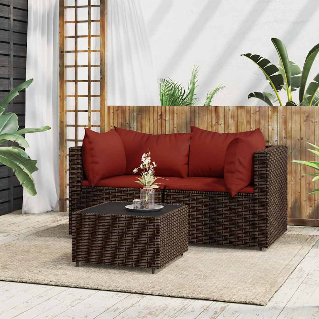 3-delige Loungeset met kussens poly rattan bruin