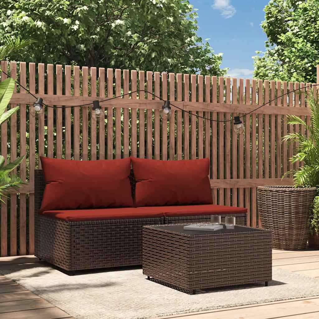 3-delige Loungeset met kussens poly rattan bruin