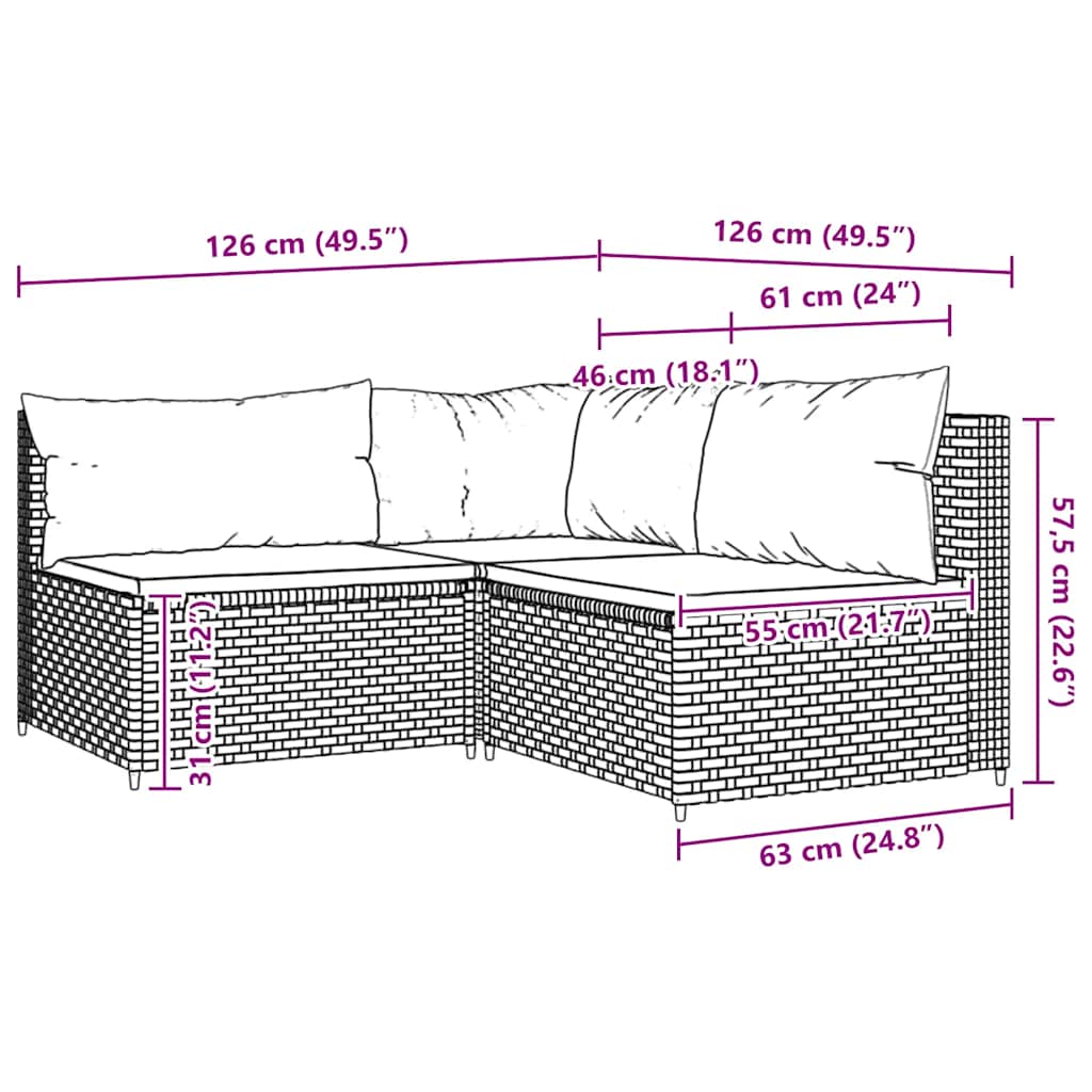 3-delige Loungeset met kussens poly rattan bruin