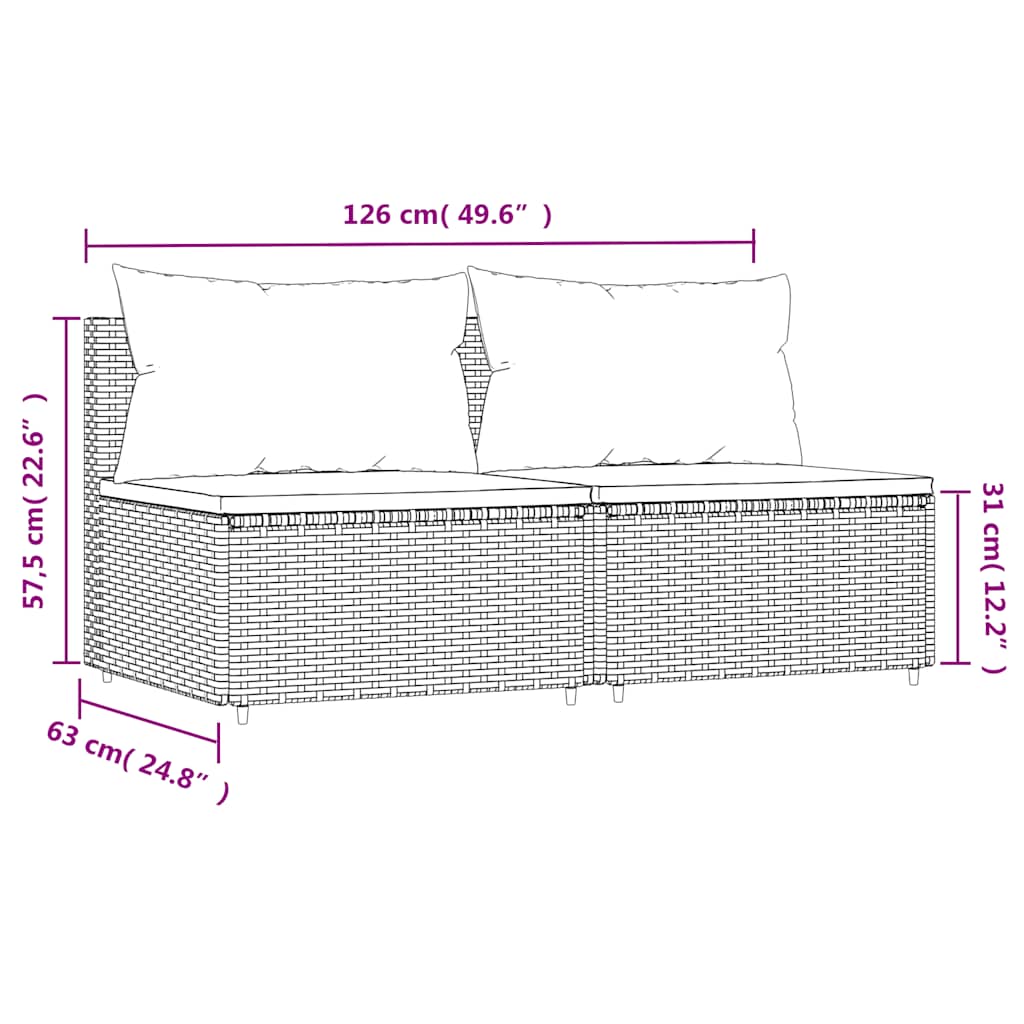 Tuinmiddenbanken met kussens 2 st poly rattan bruin