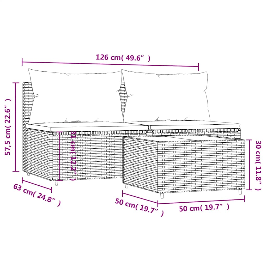 3-delige Loungeset met kussens poly rattan bruin