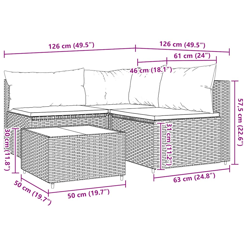 4-delige Loungeset met kussens poly rattan grijs