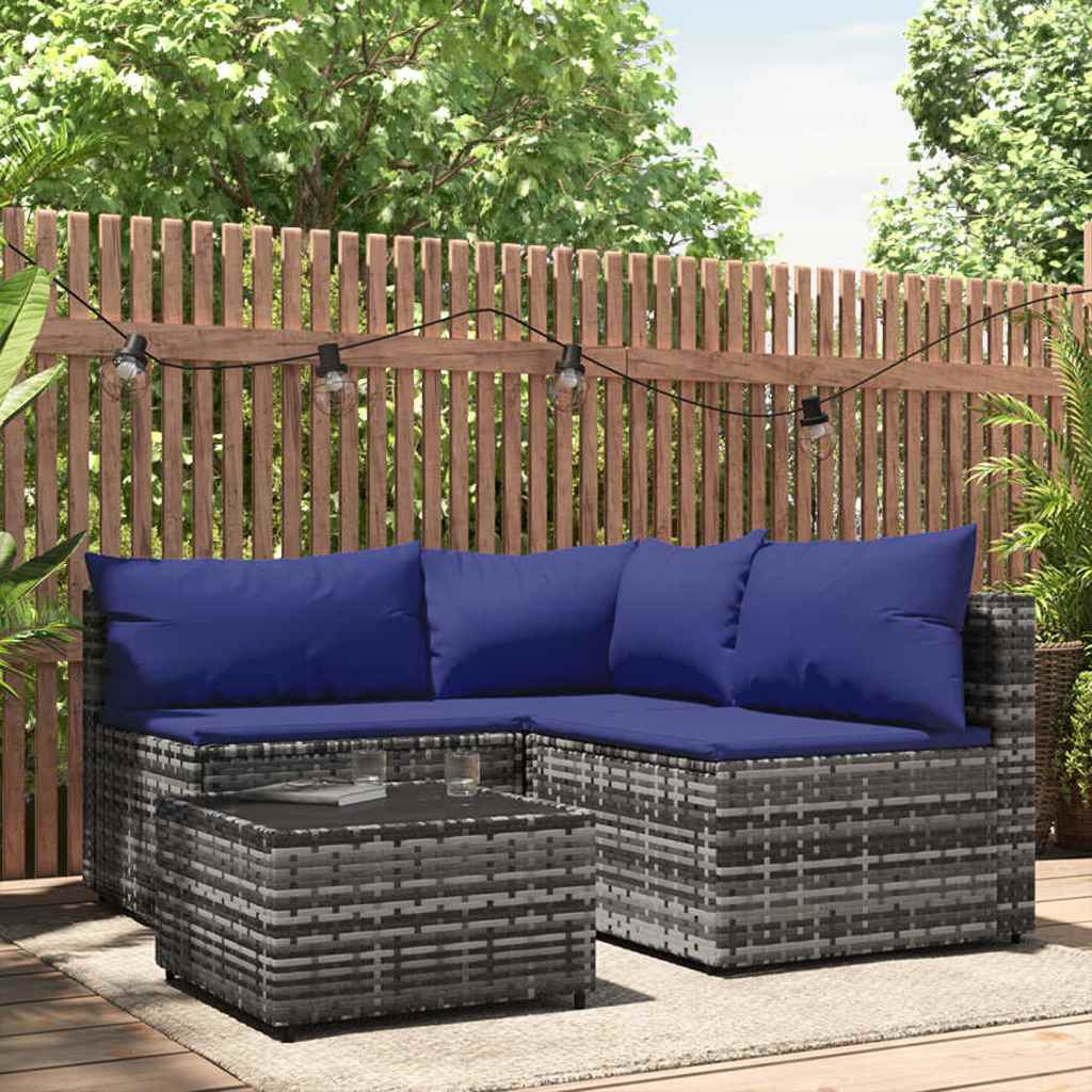 4-delige Loungeset met kussens poly rattan grijs