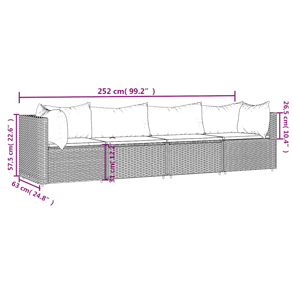 4-delige Loungeset met kussens poly rattan grijs