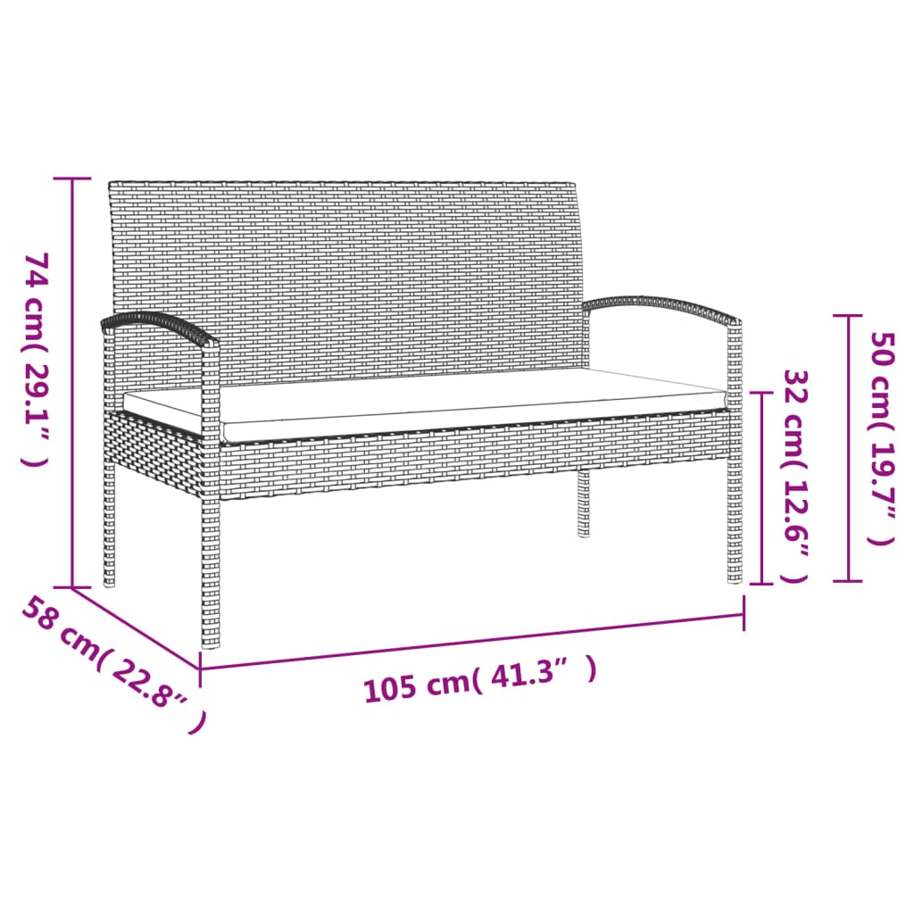 Tuinbank met kussen 105 cm poly rattan zwart