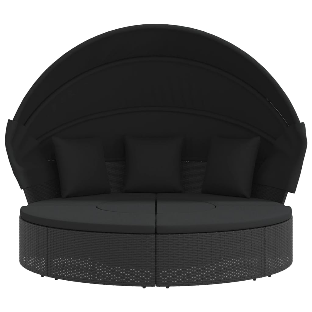 Loungebed met luifel en kussens poly rattan zwart