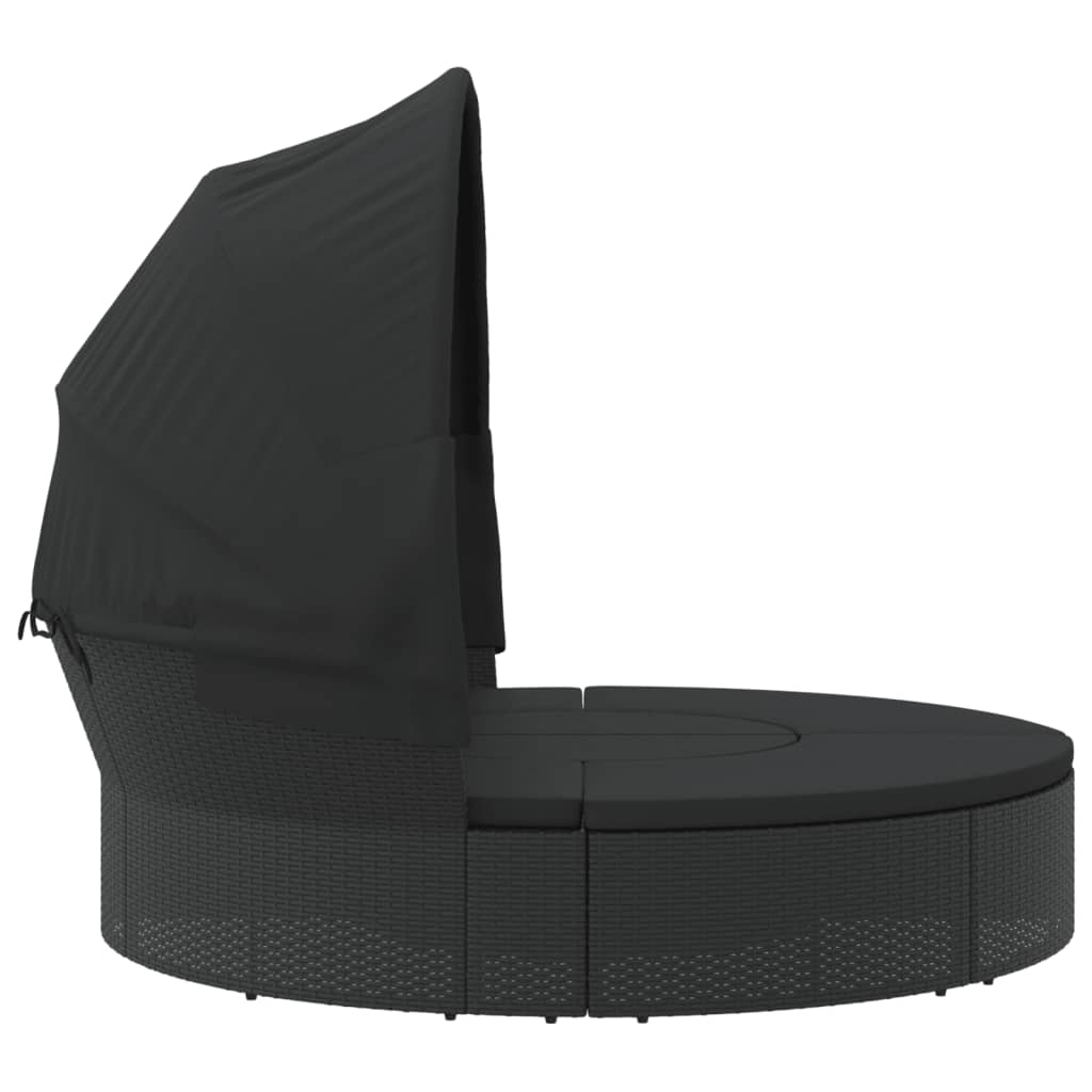 Loungebed met luifel en kussens poly rattan zwart