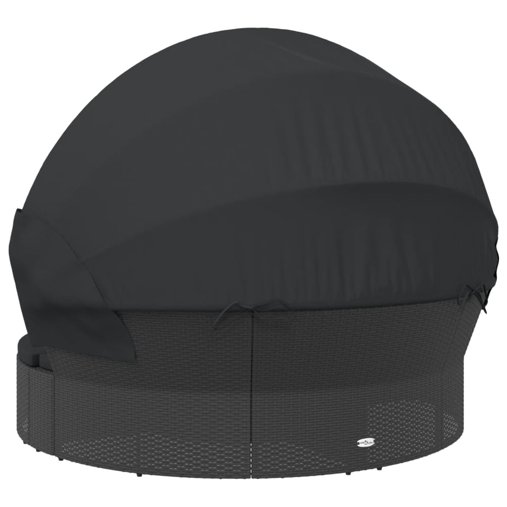 Loungebed met luifel en kussens poly rattan zwart