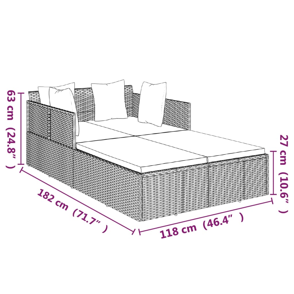 Ligbed met kussens 182x118x63 cm poly rattan grijs