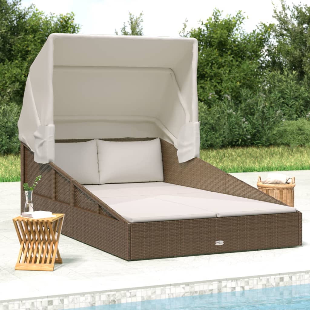 Ligbed met inklapbaar dak 200x114x128 cm poly rattan bruin