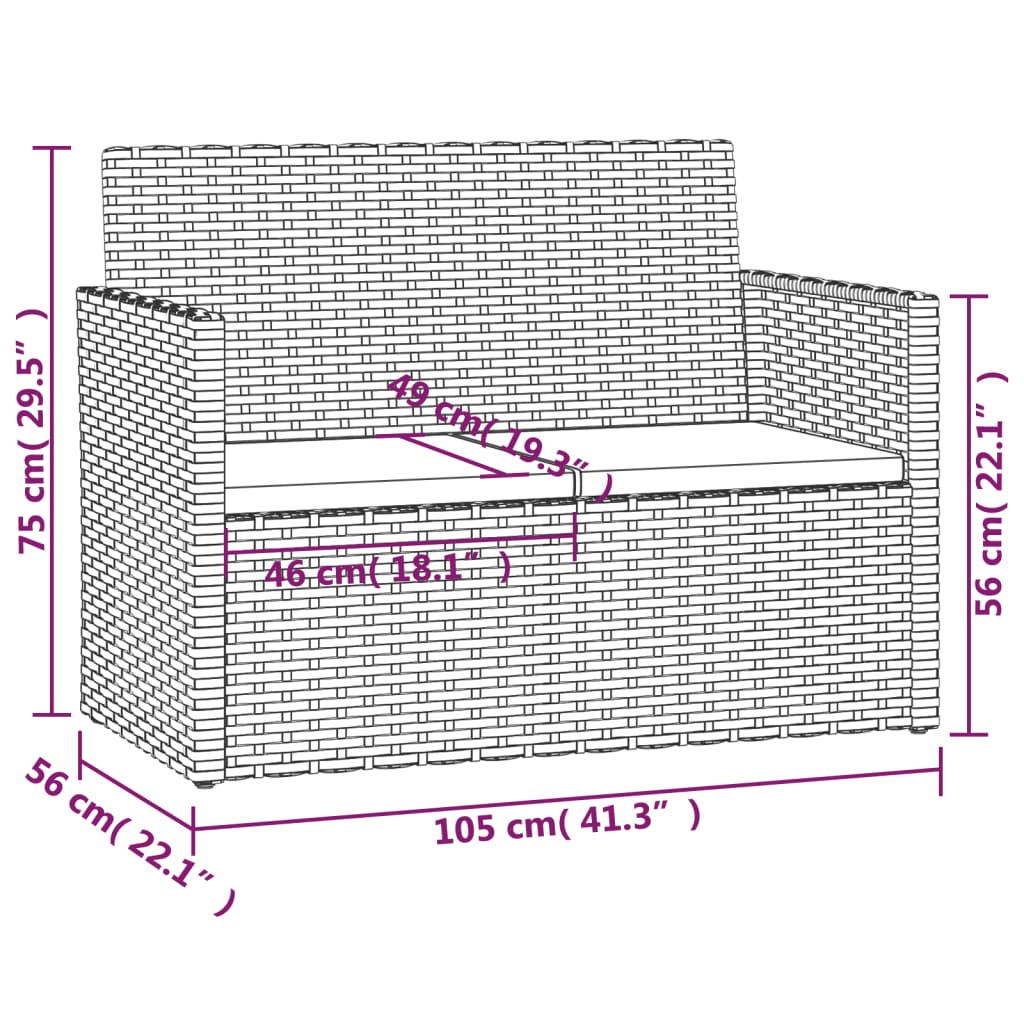 Tuinbank met kussens 105 cm poly rattan zwart