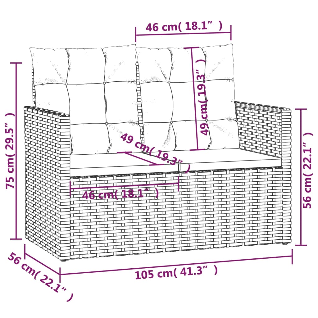 Tuinbank met kussens 105 cm poly rattan grijs