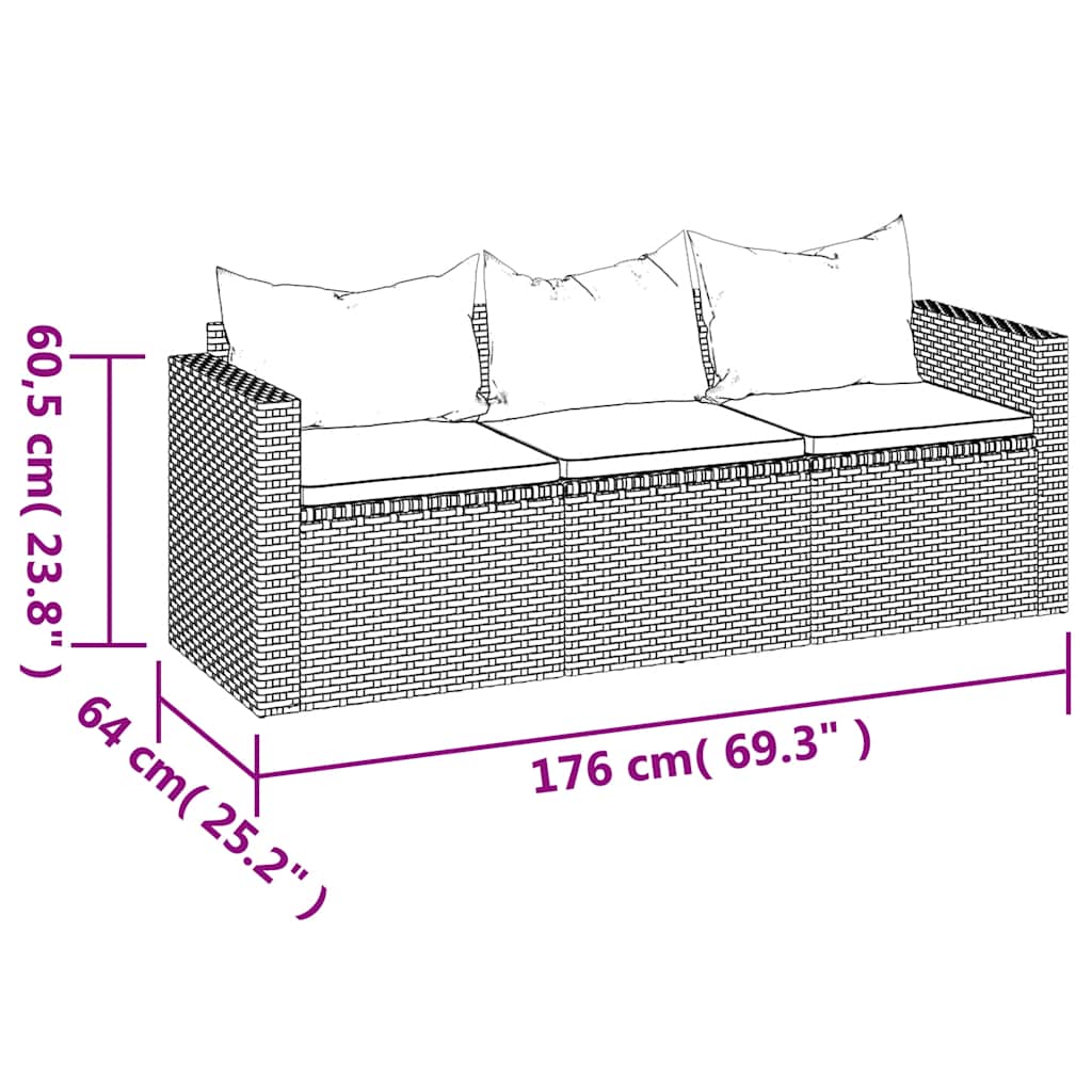 Tuinbank 3-zits met kussens poly rattan zwart