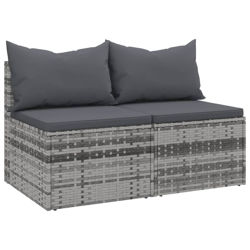 Tuinmiddenbank met kussens 2 st poly rattan grijs