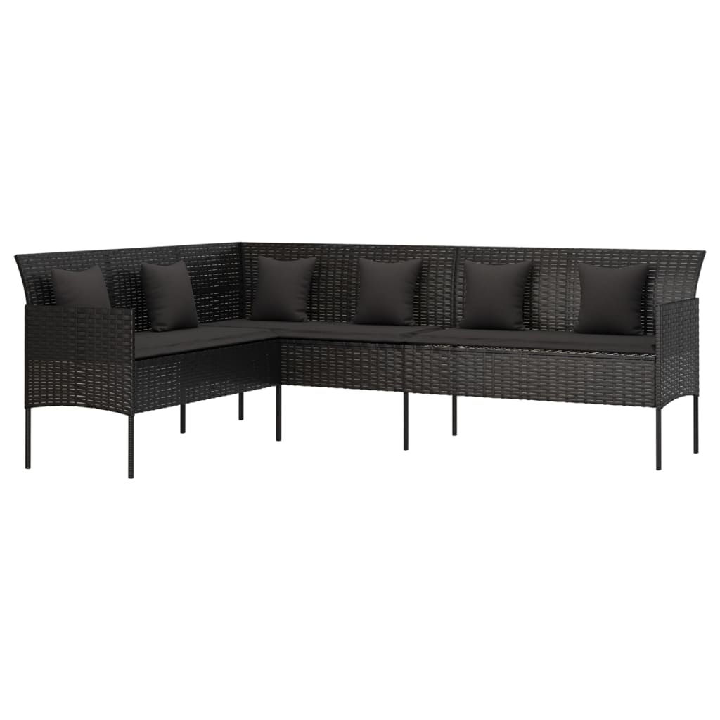 Tuinbank L-vormig met kussens poly rattan zwart