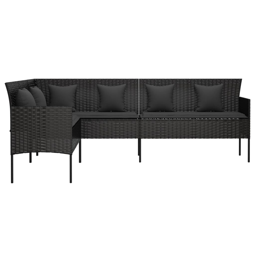Tuinbank L-vormig met kussens poly rattan zwart
