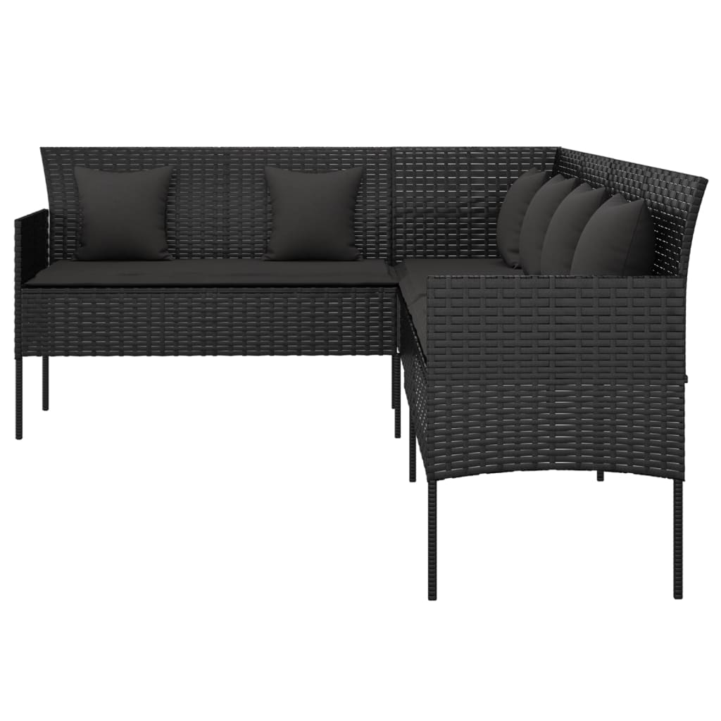 Tuinbank L-vormig met kussens poly rattan zwart