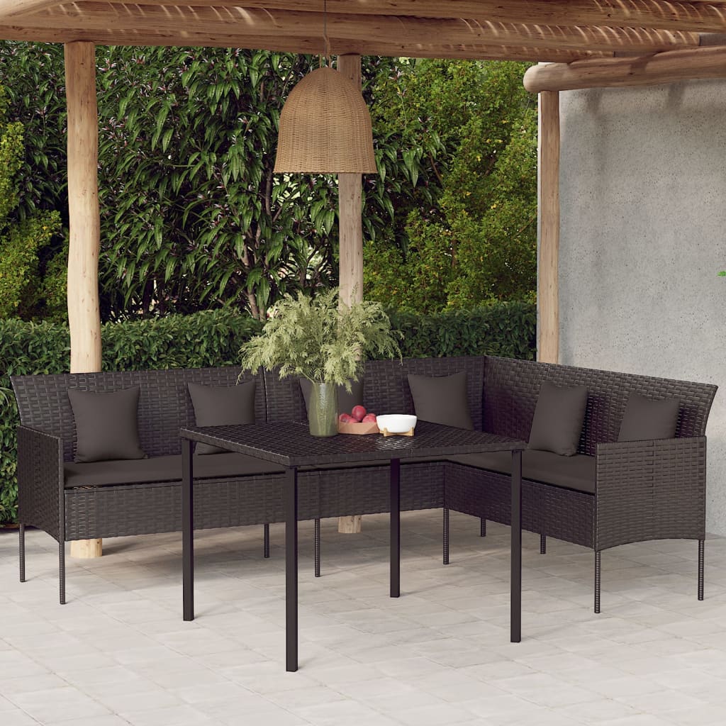 Tuinbank L-vormig met kussens poly rattan zwart