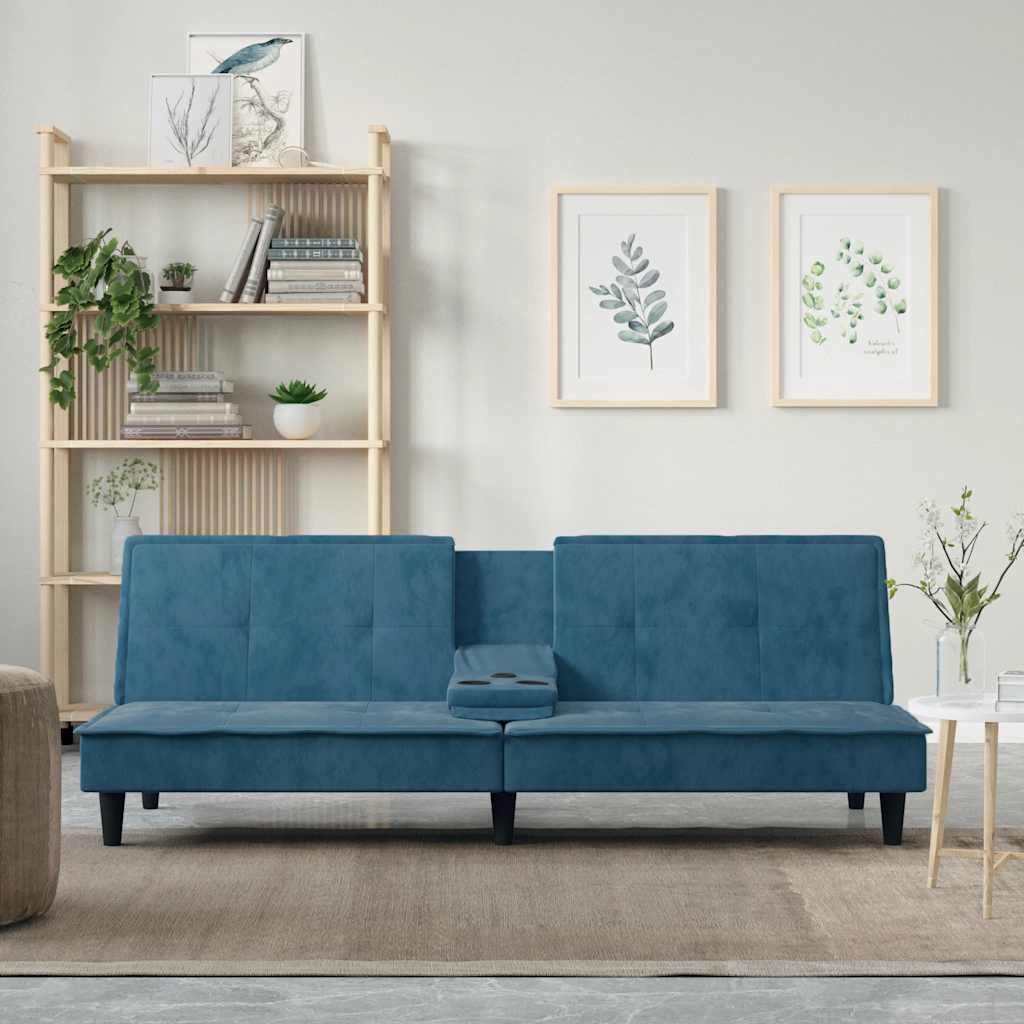 Slaapbank met bekerhouders fluweel blauw