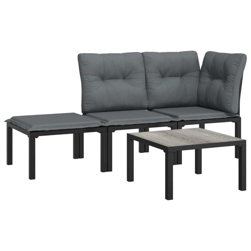 4-Delige Loungeset Poly Rattan Zwart En Grijs 1 hoek + midden + voetensteun + Tafel