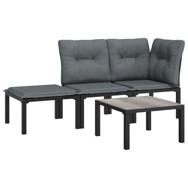 4-Delige Loungeset Poly Rattan Zwart En Grijs 1 hoek + midden + voetensteun + Tafel