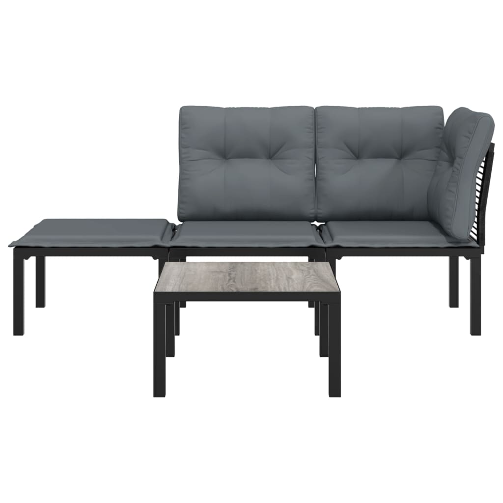 4-Delige Loungeset Poly Rattan Zwart En Grijs 1 hoek + midden + voetensteun + Tafel